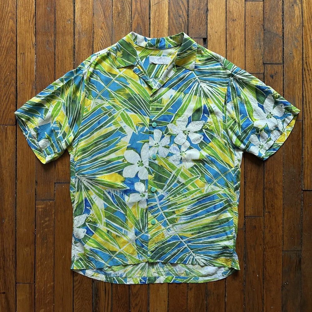 Vtg 90s Jams World Silk Floral Hawaiian Button Shirt Camp Men S Green Blue Yello